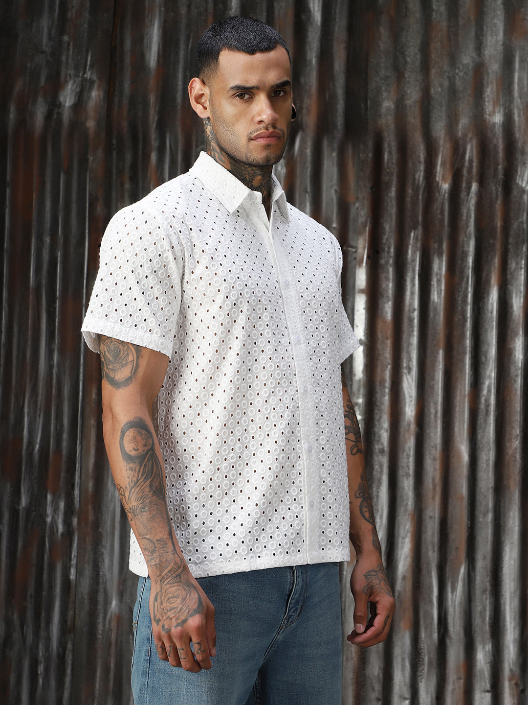 Men Schiffli Cotton Relaxed Fit  Collar Short Sleeve Shirts