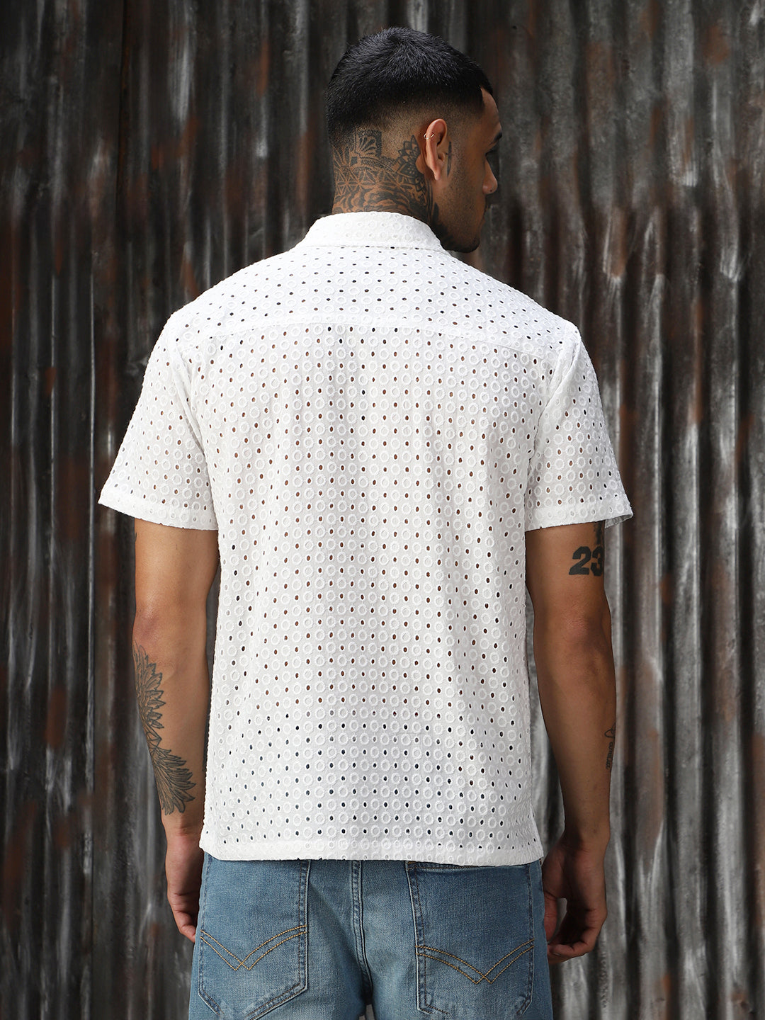 Men Schiffli Cotton Relaxed Fit  Collar Short Sleeve Shirts