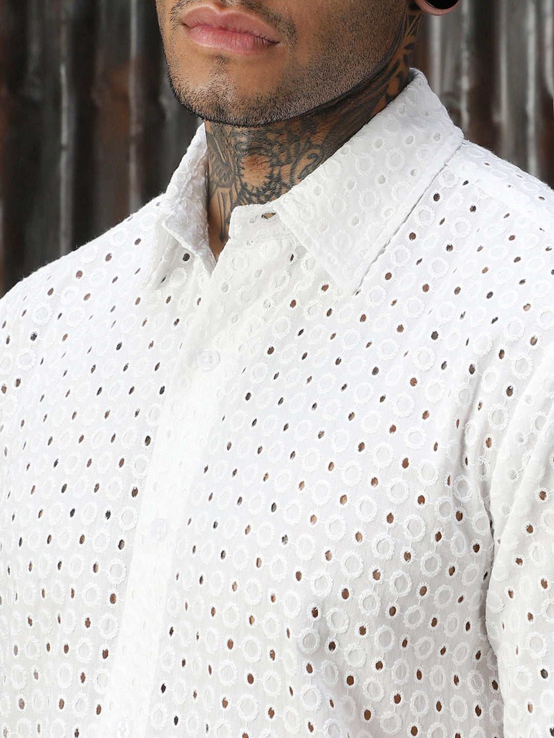Men Schiffli Cotton Relaxed Fit  Collar Short Sleeve Shirts