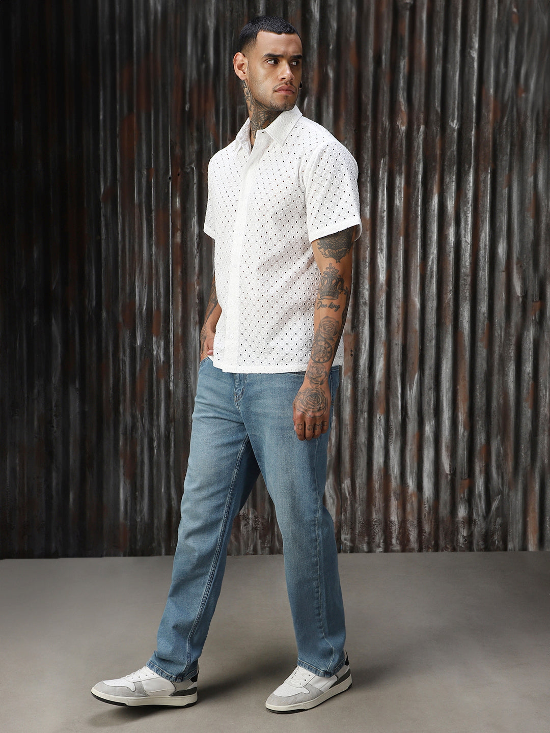 Men Schiffli Cotton Relaxed Fit  Collar Short Sleeve Shirts