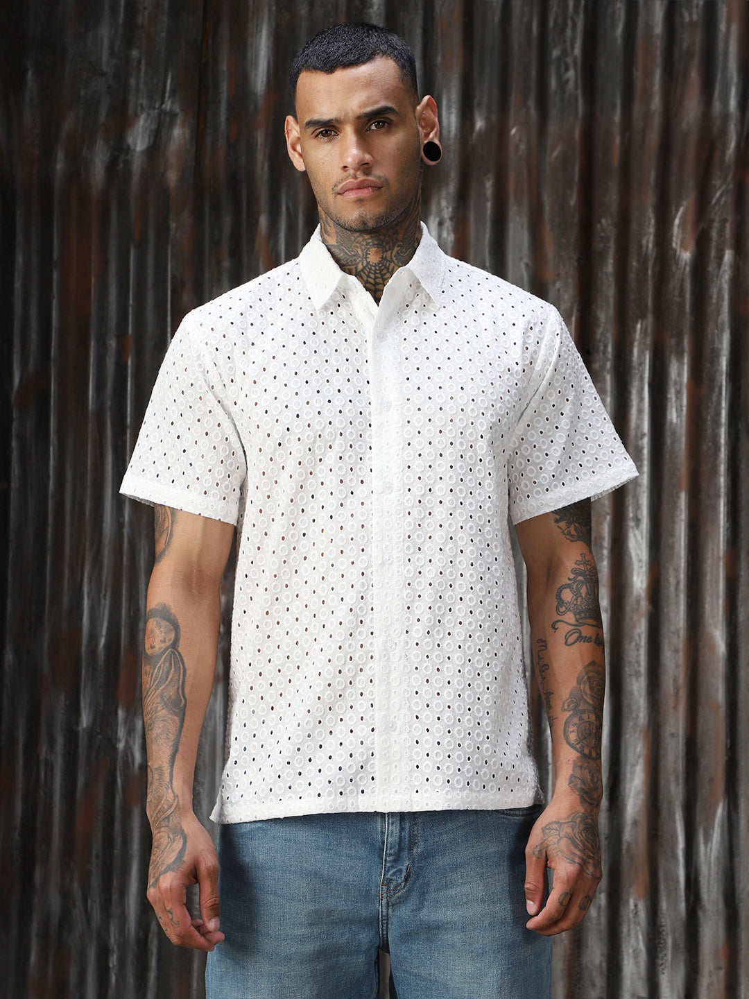 Men Schiffli Cotton Relaxed Fit  Collar Short Sleeve Shirts