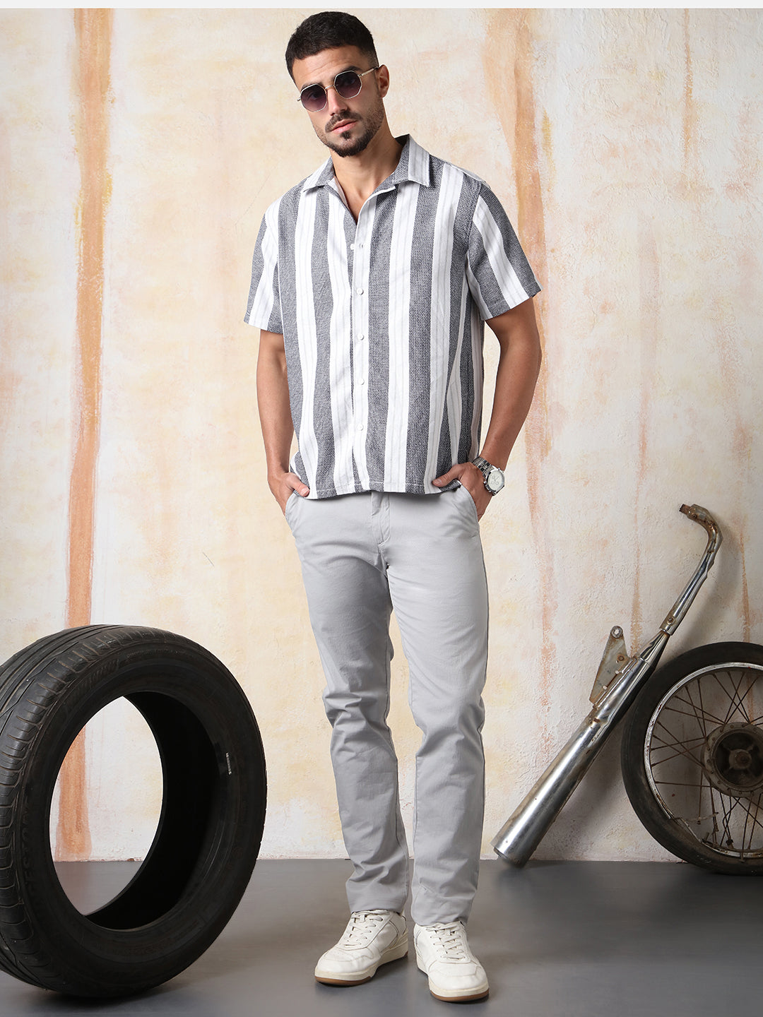High Star Men Strip Relaxed Resort Collar Half sleeve Shirts