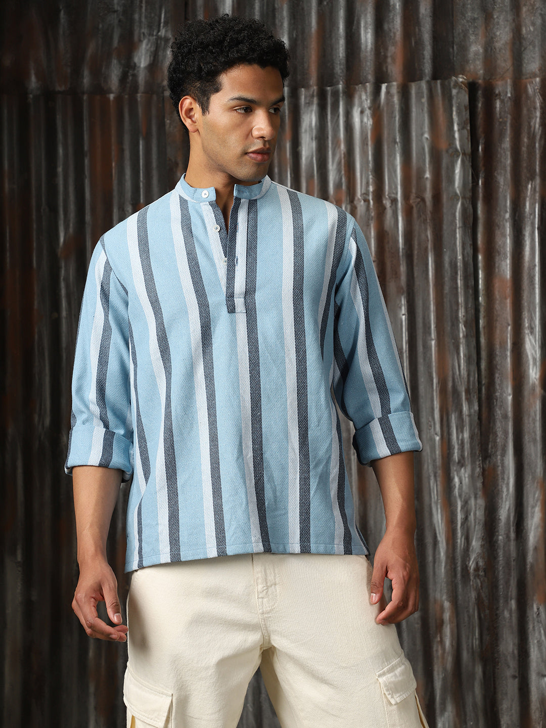 Men Strip Cotton Relaxed Fit  Collar Long Sleeve Shirts