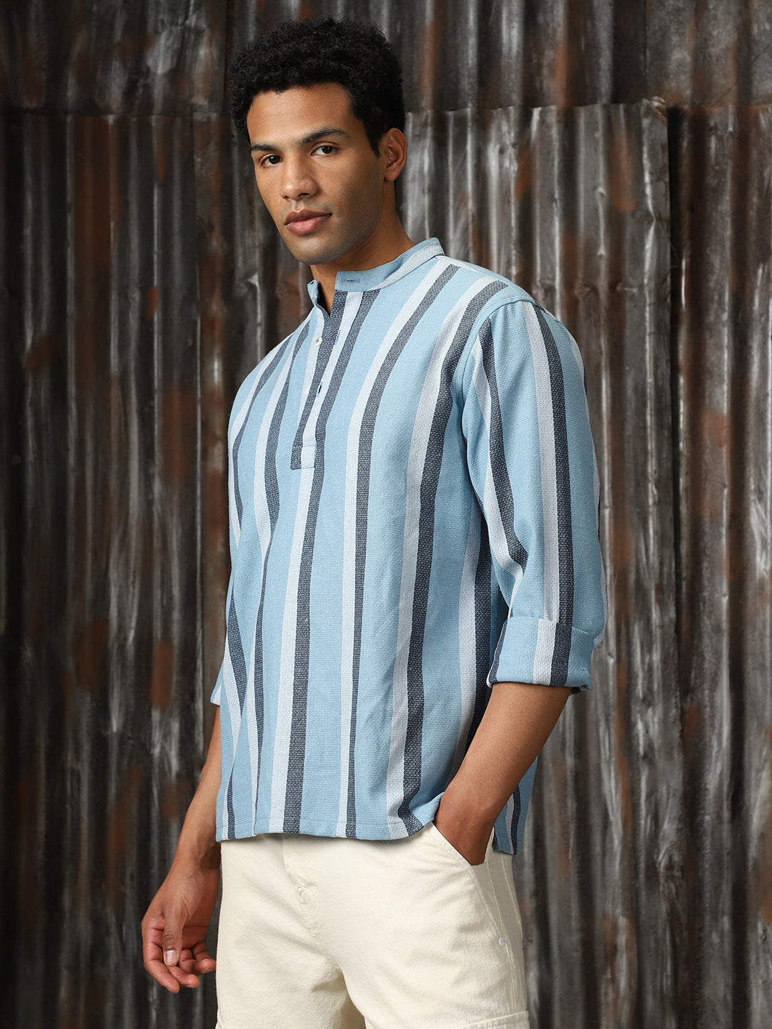 Men Strip Cotton Relaxed Fit  Collar Long Sleeve Shirts