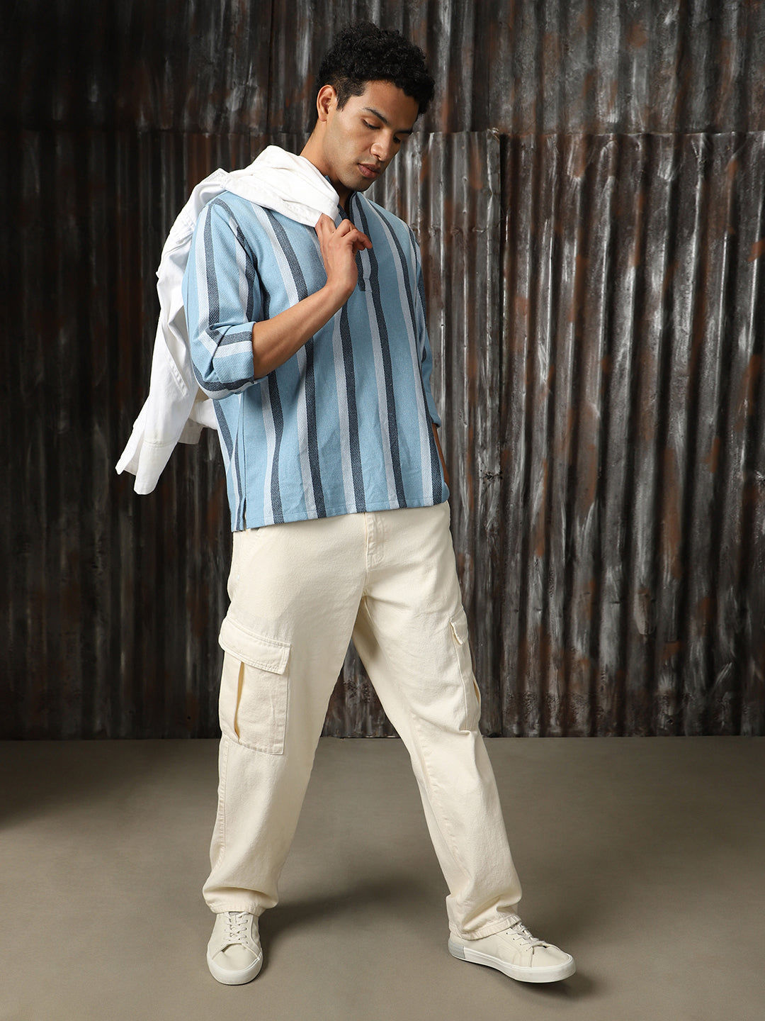 Men Strip Cotton Relaxed Fit  Collar Long Sleeve Shirts