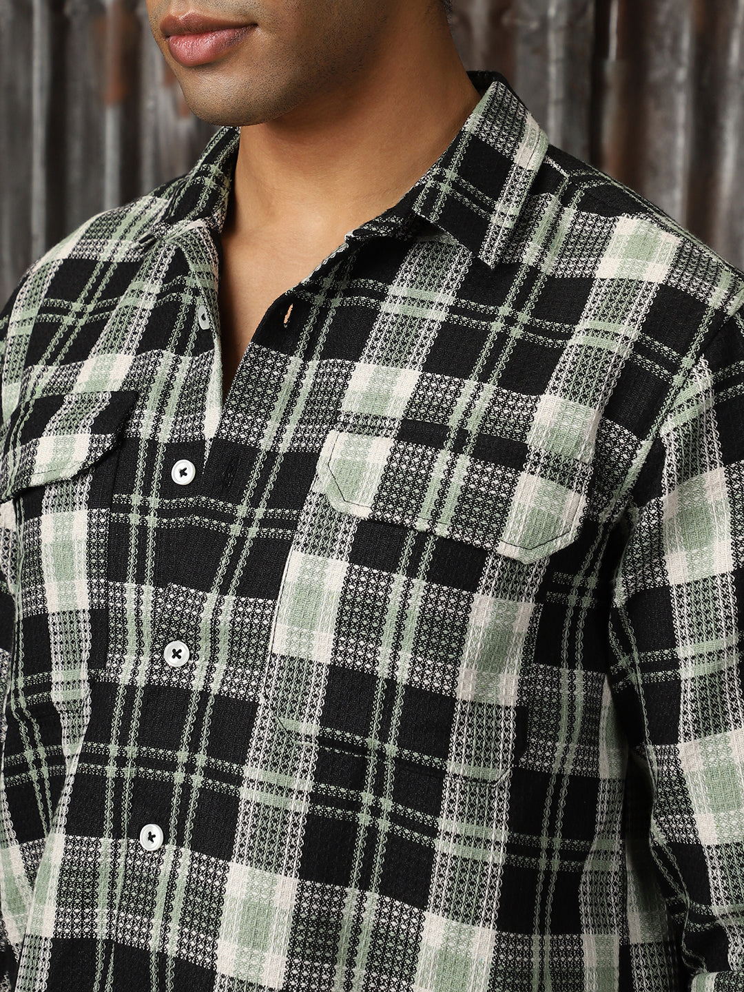 Men Check Cotton Relaxed Fit  Collar Long Sleeve Shirts