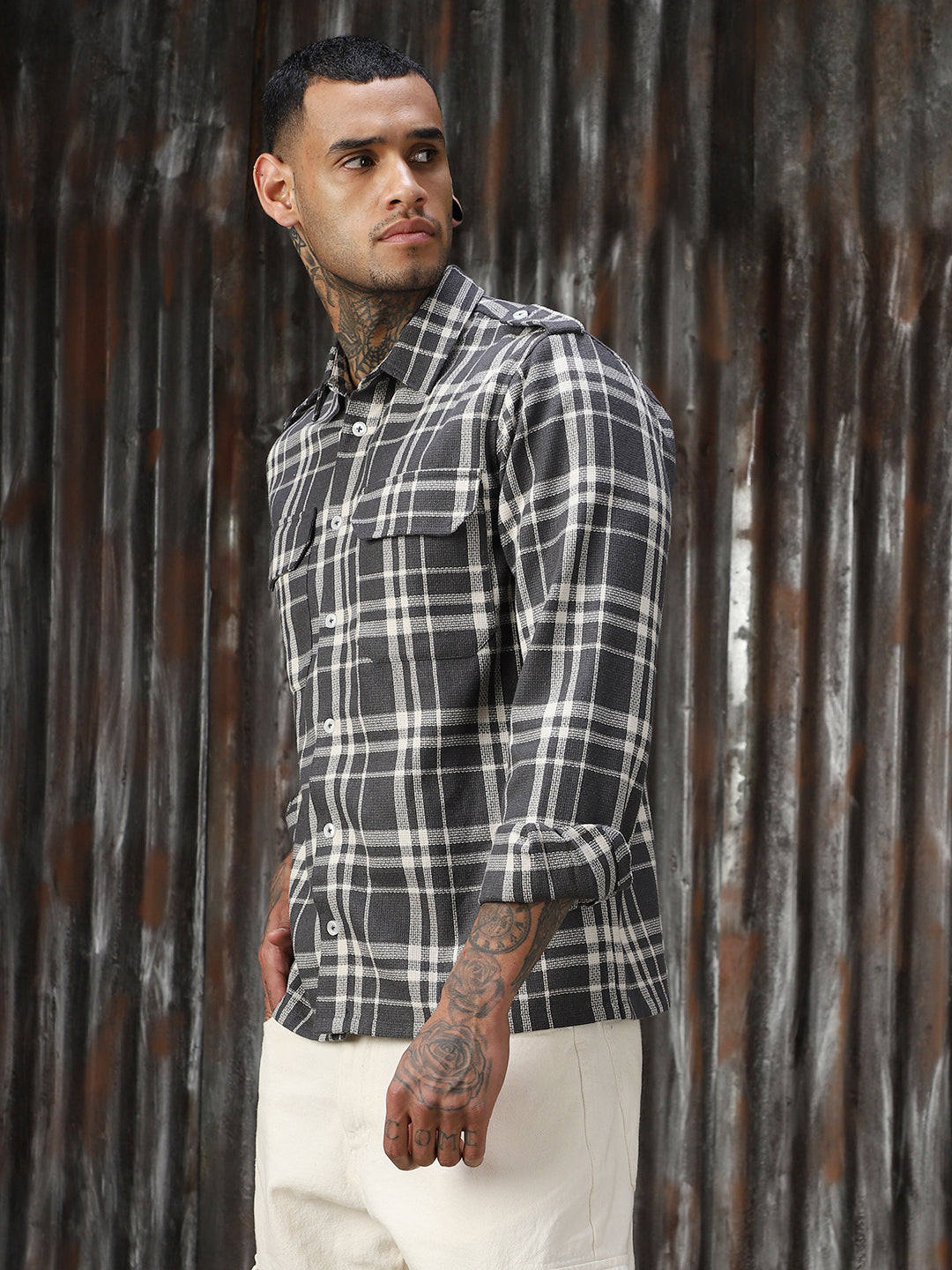 Men Check Cotton Relaxed Fit  Collar Long Sleeve Shirts
