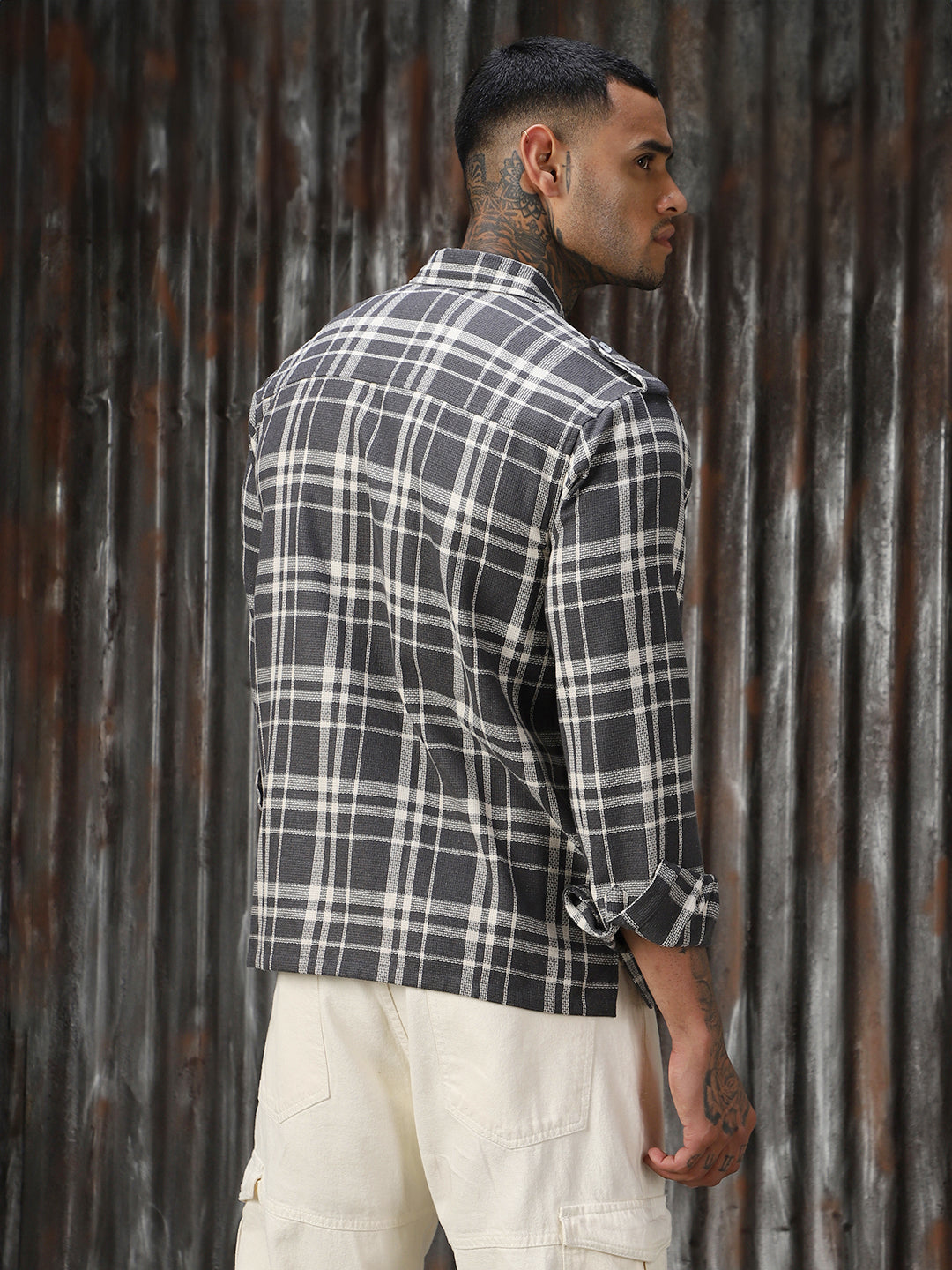 Men Check Cotton Relaxed Fit  Collar Long Sleeve Shirts