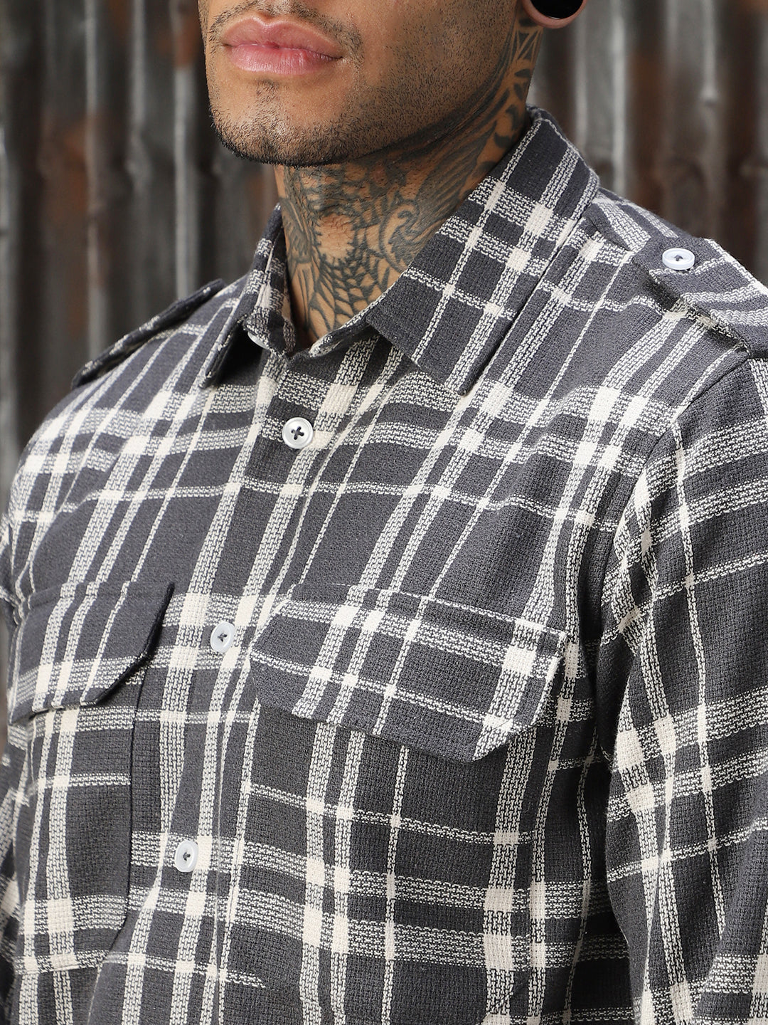 Men Check Cotton Relaxed Fit  Collar Long Sleeve Shirts