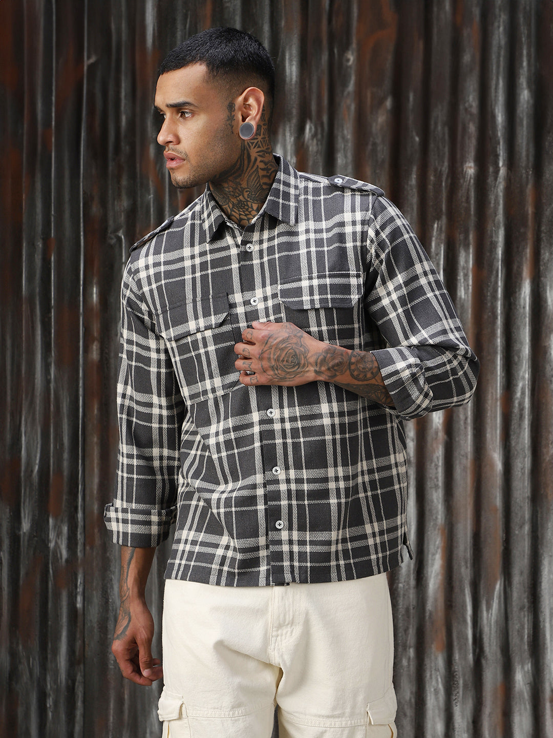 Men Check Cotton Relaxed Fit  Collar Long Sleeve Shirts