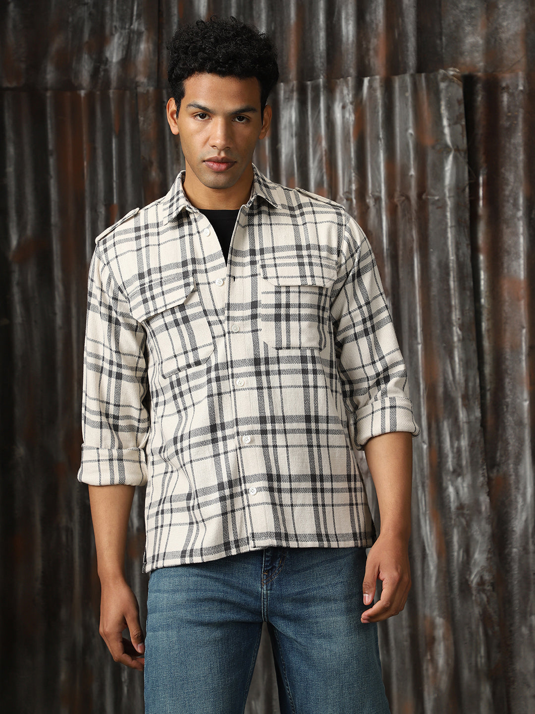 Men Check Cotton Relaxed Fit  Collar Long Sleeve Shirts