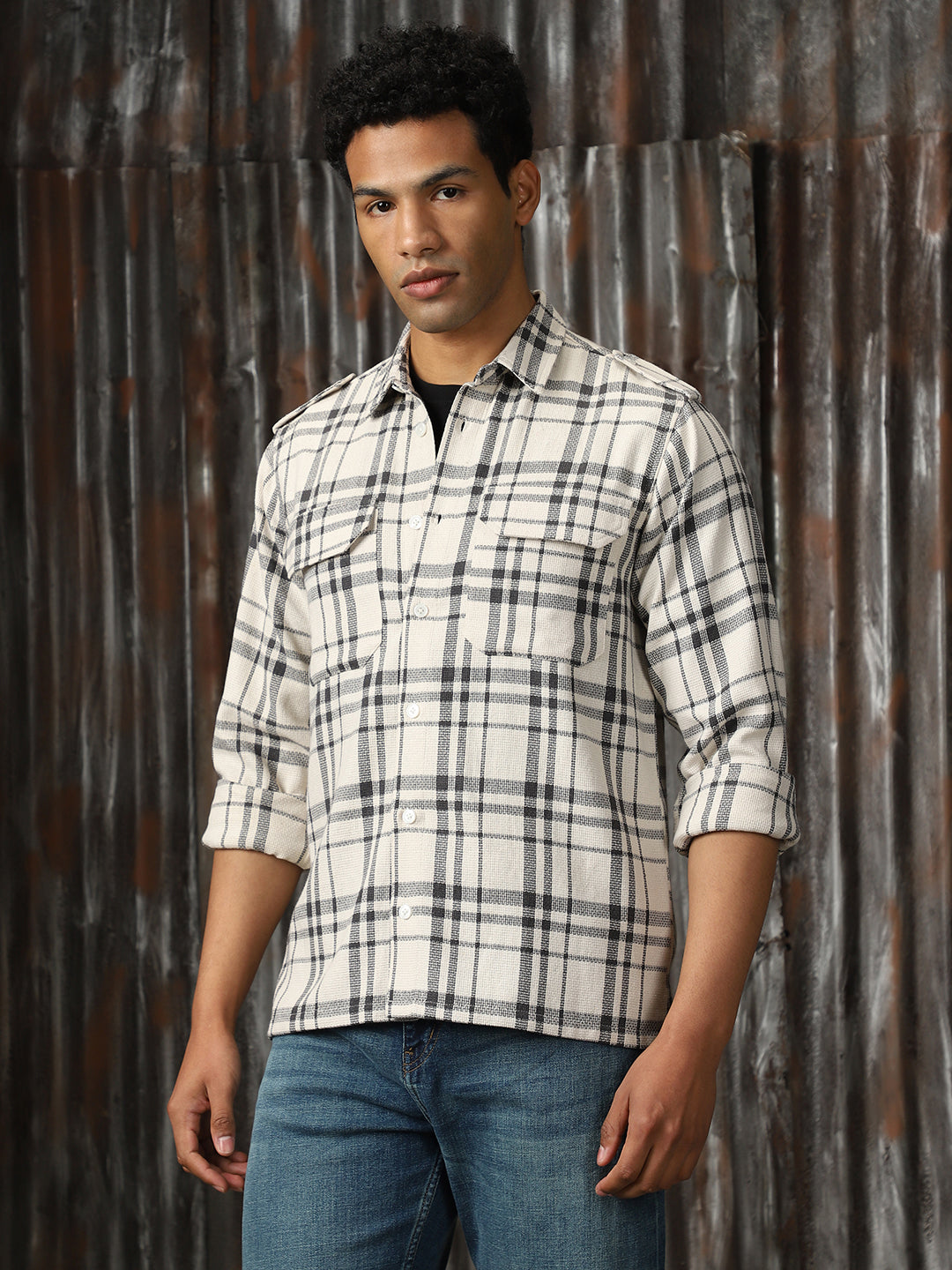 Men Check Cotton Relaxed Fit  Collar Long Sleeve Shirts
