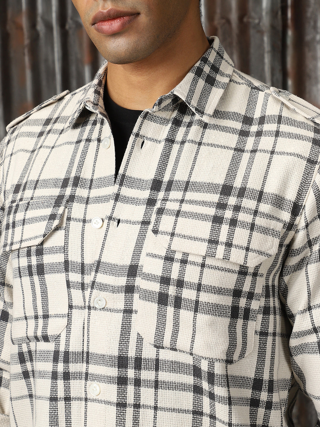 Men Check Cotton Relaxed Fit  Collar Long Sleeve Shirts