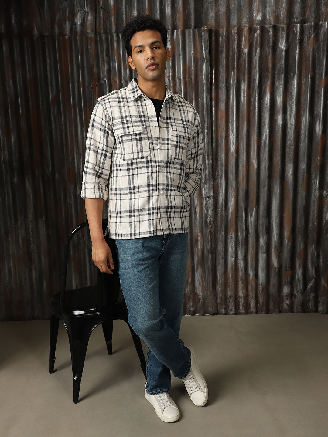 Men Check Cotton Relaxed Fit  Collar Long Sleeve Shirts