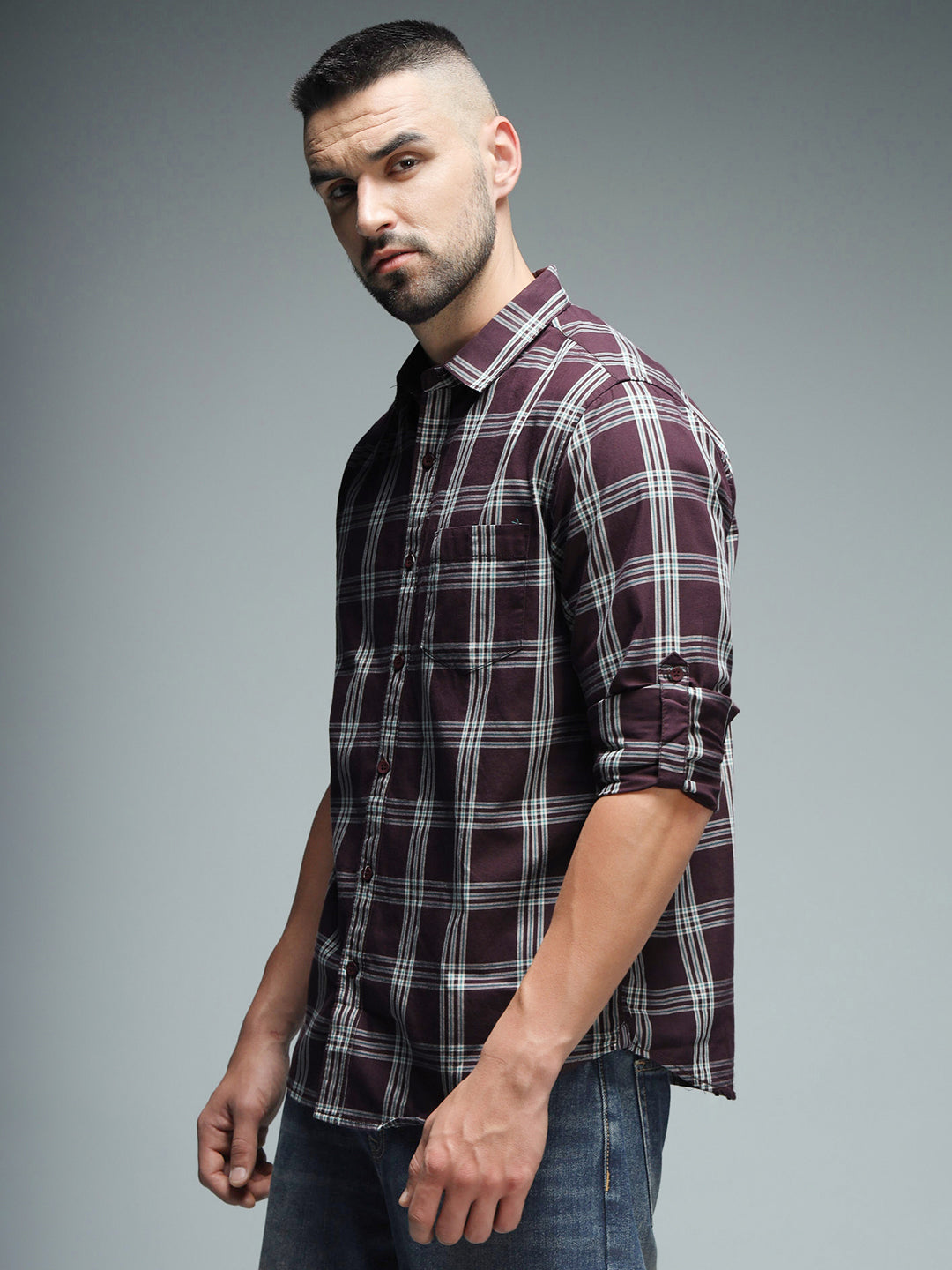 Classic Tartan Checks Spread Collar Long Sleeves Cotton Casual Shirt