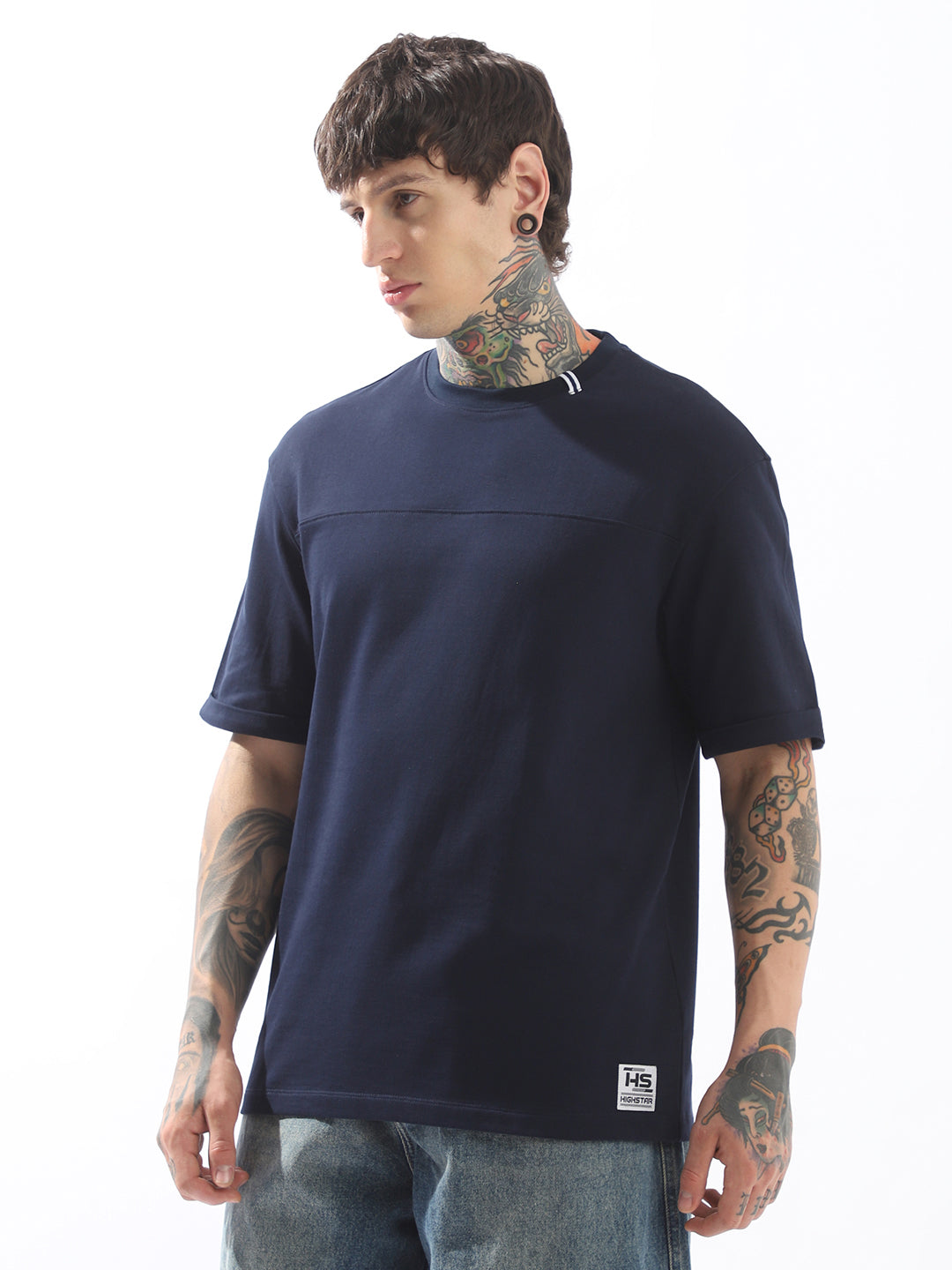 High Star Men Relaxed Fit Raw Edge Pure Cotton T-shirt