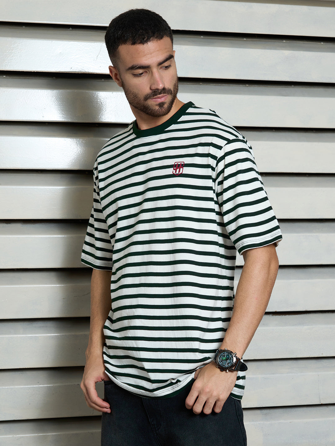Men Cotton Short Sleeves Round Neck Striped Relaxed Fit Tshirt