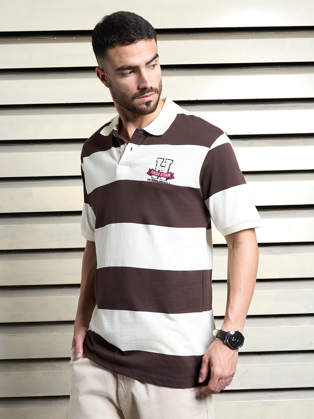 Men Cotton Short Sleeves Polo neck Striped  Regular Fit Tshirt