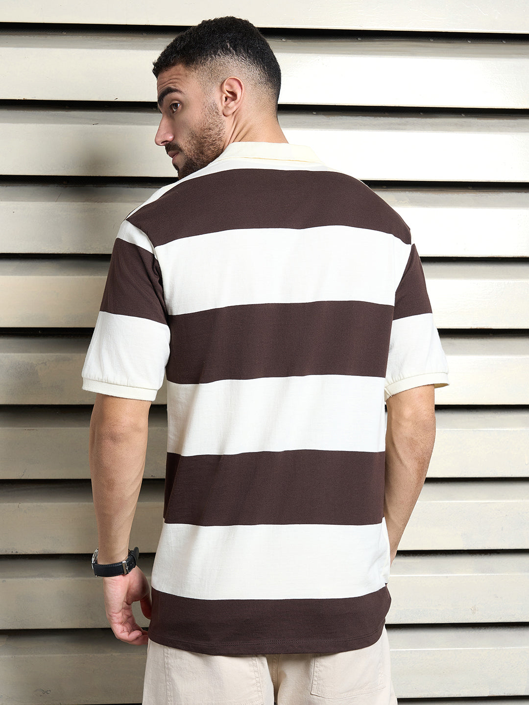 Men Cotton Short Sleeves Polo neck Striped  Regular Fit Tshirt