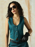 High Star Women Solid Crop length Regular V neck  Sleeveless Waistcoat