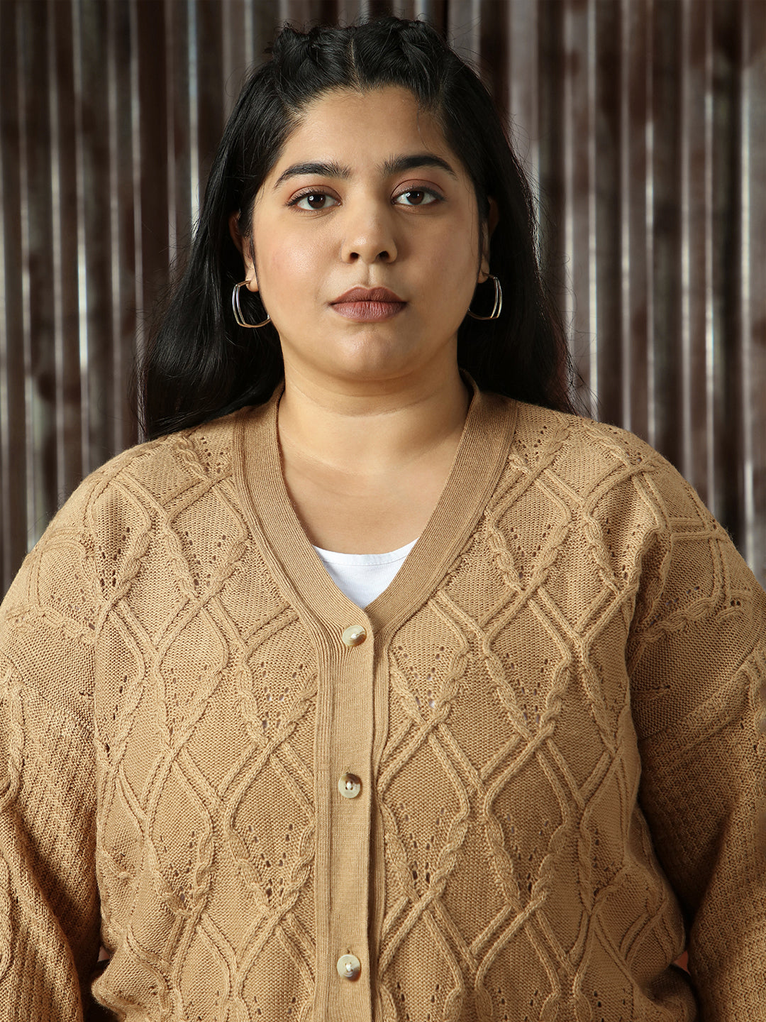High Star Plus Size Women Cable Knit Self Design Cardigan