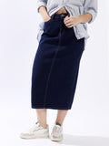 High Star Women Washed Midi Pencil  High-Rise side slit Denim Skirt