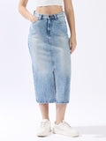 High Star Women Washed Midi Pencil  High-Rise side slit Denim Skirt