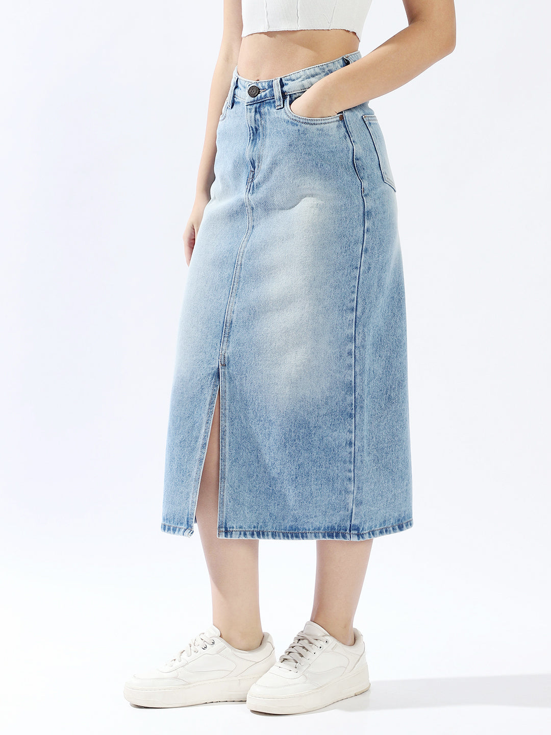High Star Women Washed Midi Pencil  High-Rise side slit Denim Skirt