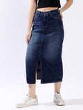 High Star Women Washed Midi Pencil  High-Rise side slit Denim Skirt