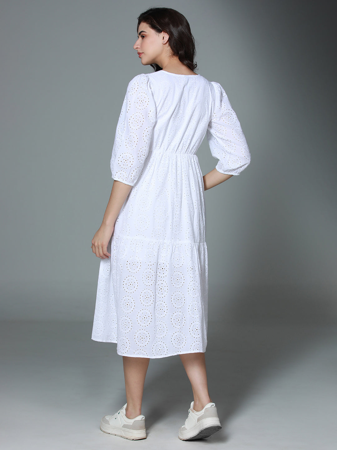 Schiffli V-Neck Puff Sleeve Gathered Tiered Cotton A-Line Midi Dress