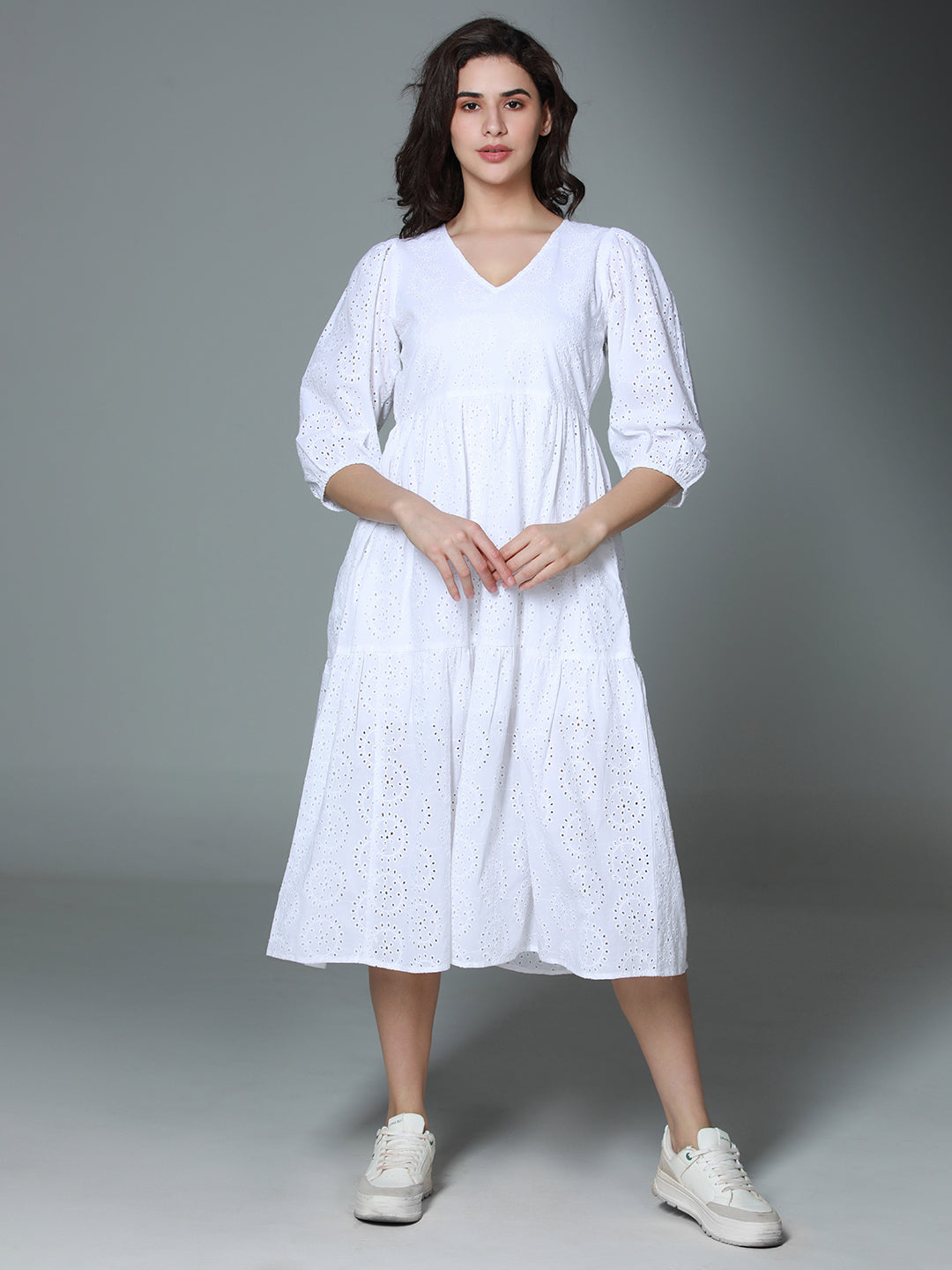 Schiffli V-Neck Puff Sleeve Gathered Tiered Cotton A-Line Midi Dress