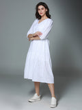 Schiffli V-Neck Puff Sleeve Gathered Tiered Cotton A-Line Midi Dress