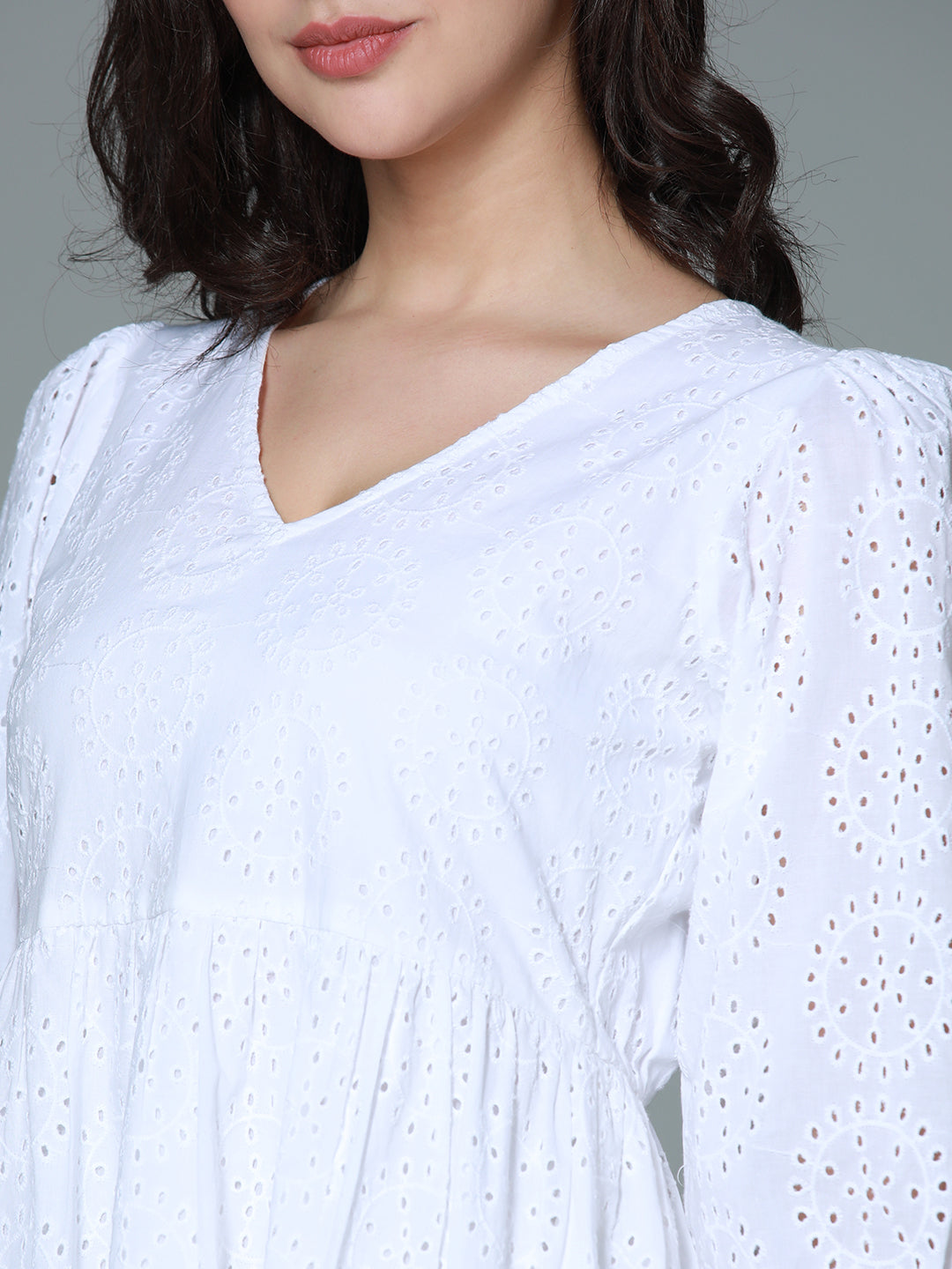 Schiffli V-Neck Puff Sleeve Gathered Tiered Cotton A-Line Midi Dress