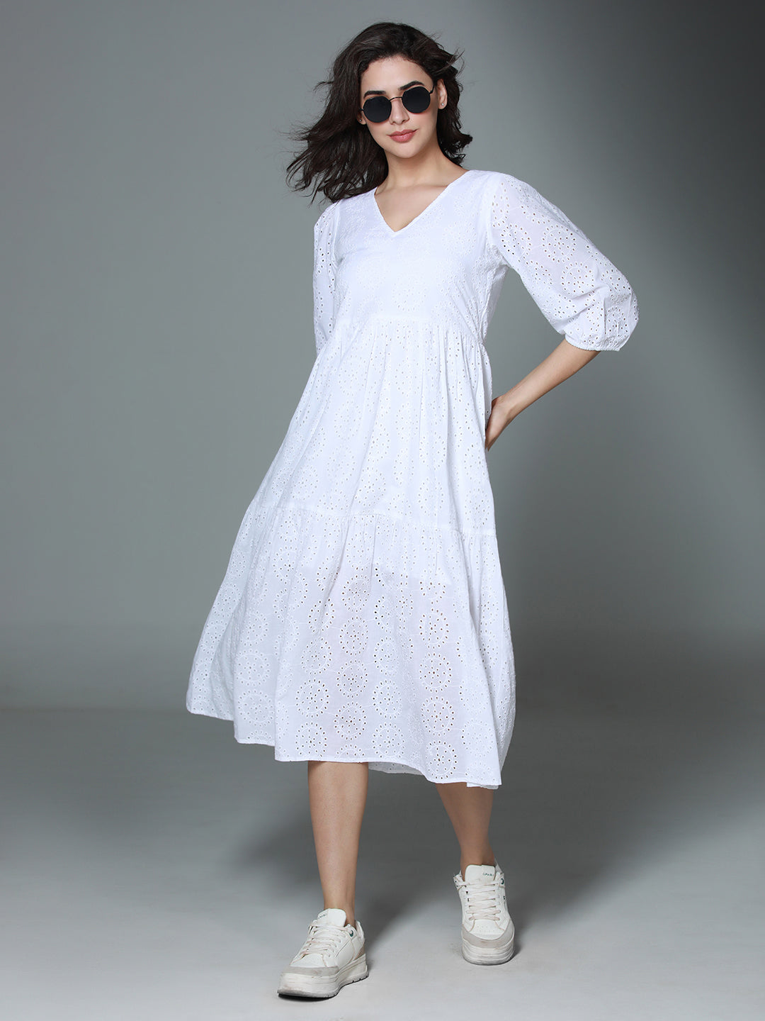 Schiffli V-Neck Puff Sleeve Gathered Tiered Cotton A-Line Midi Dress