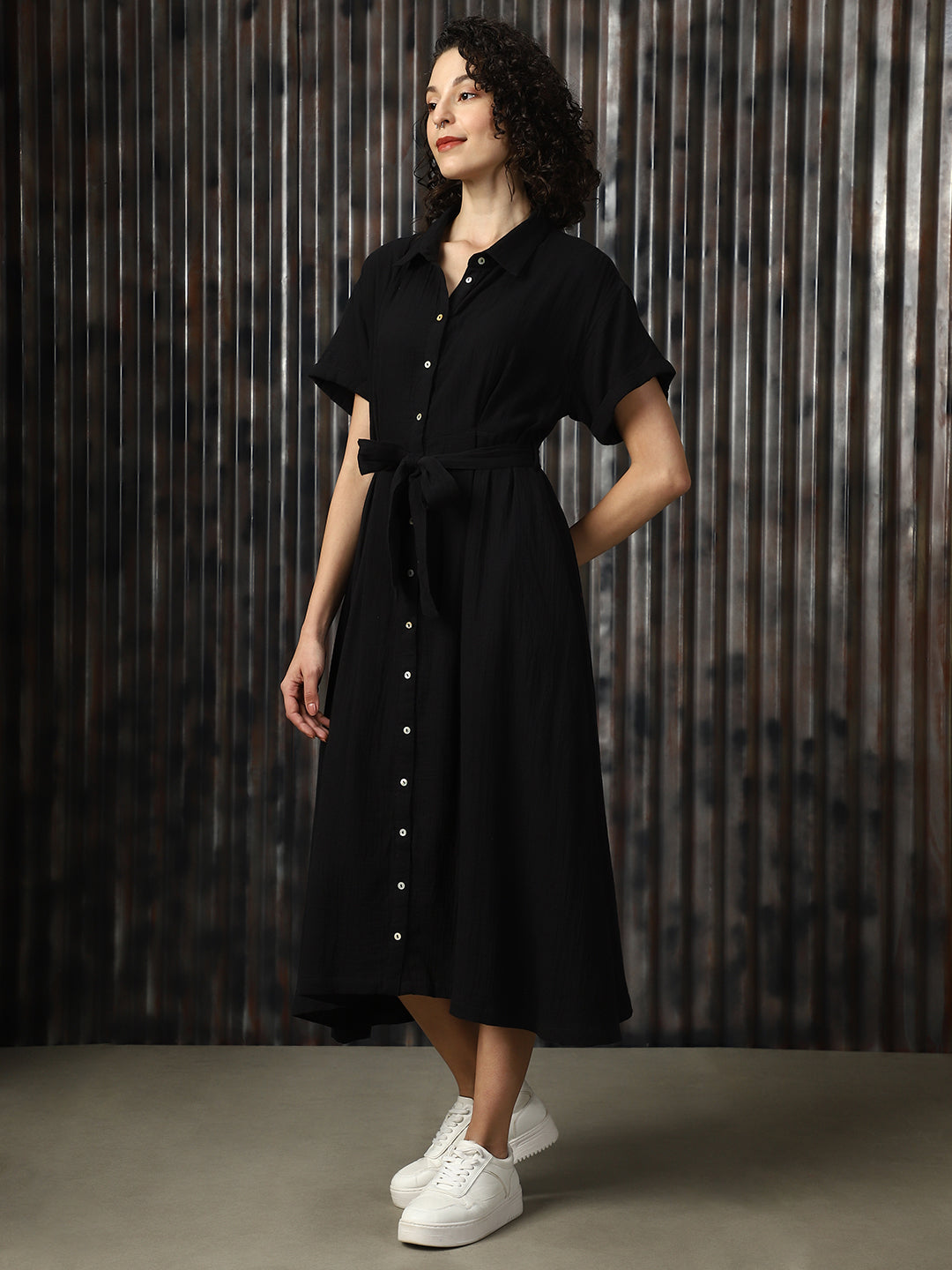 High Star Women Cotton Solid Oversized Fit  Spread Collar Half Sleeves Dresses