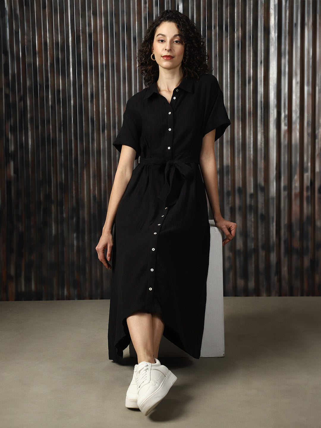 High Star Women Cotton Solid Oversized Fit  Spread Collar Half Sleeves Dresses