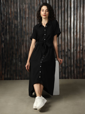High Star Women Cotton Solid Oversized Fit  Spread Collar Half Sleeves Dresses