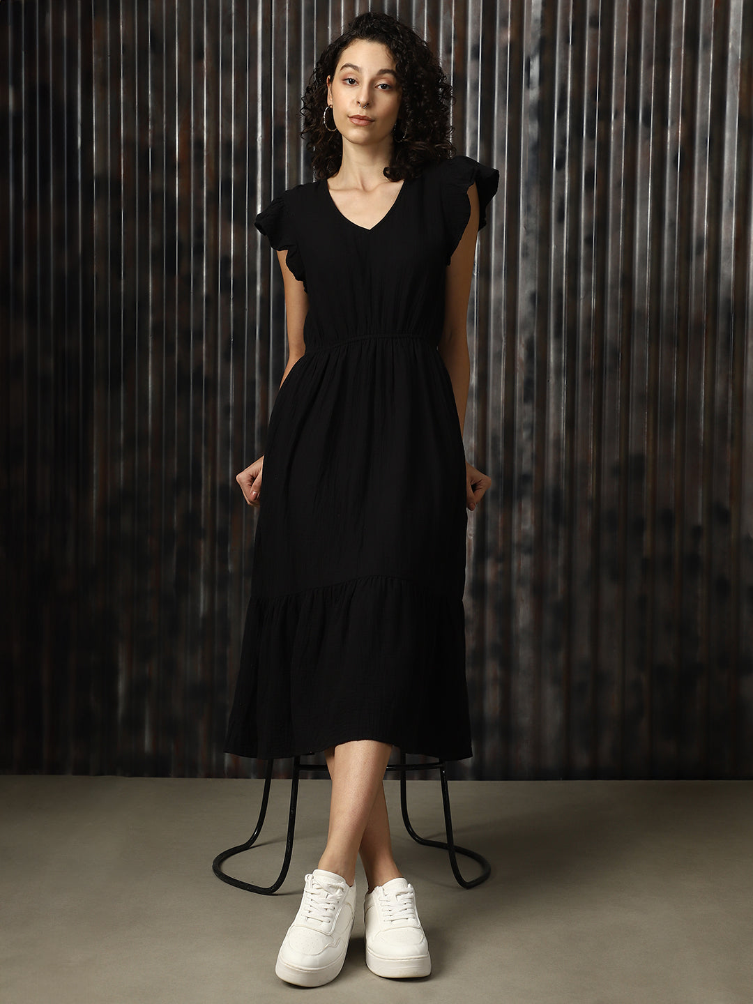 High Star Women Cotton Solid Regular fit  V-Neck Sleeveless Dresses