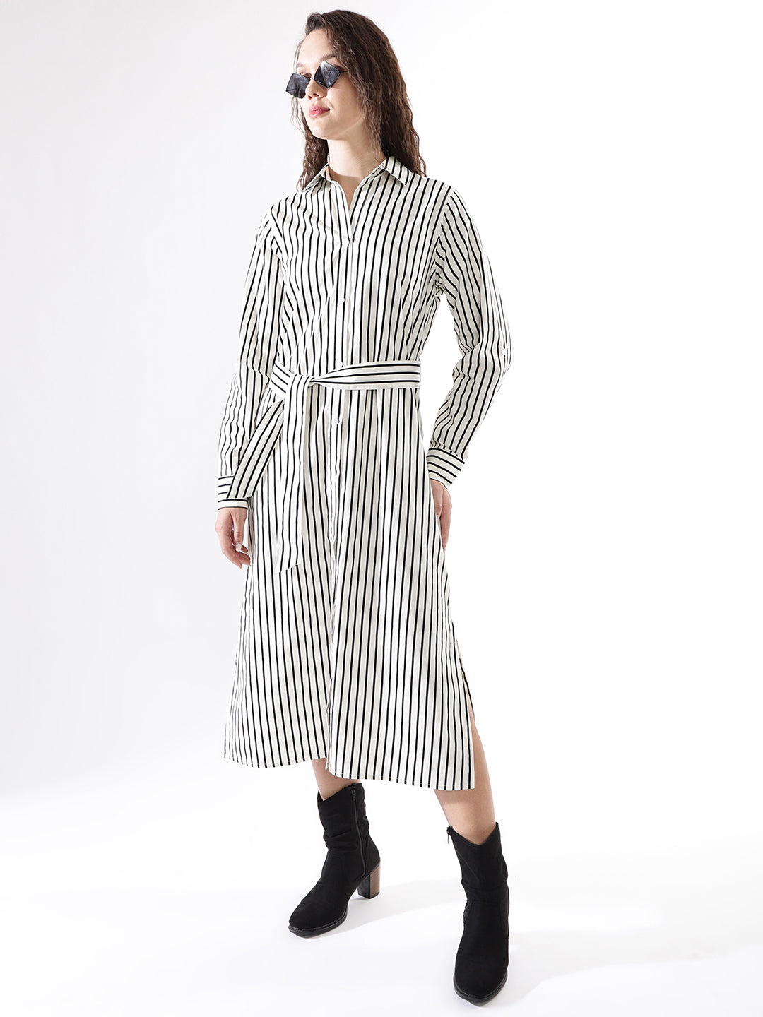 High Star Women Striped Regular Fit  Spread Collar Regular Sleeves Dresses