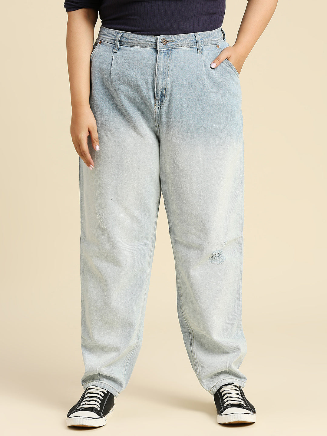 Women Plus Size Comfort Mom Fit Pure Cotton High-Rise Heavy Fade Jeans