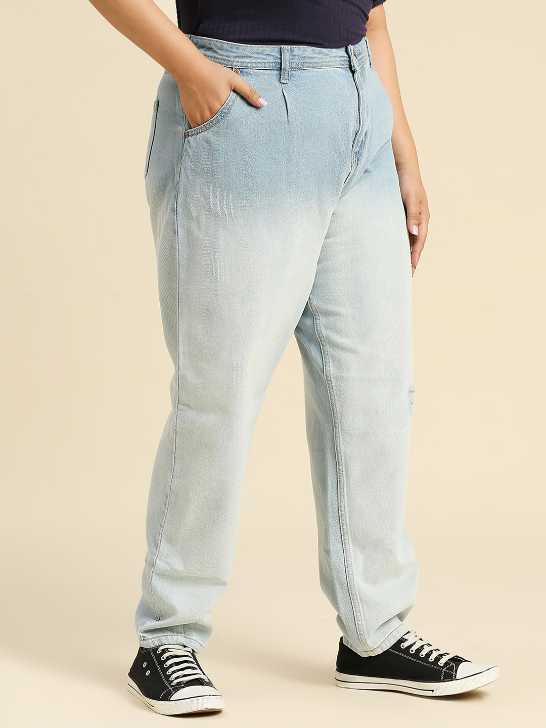 Women Plus Size Comfort Mom Fit Pure Cotton High-Rise Heavy Fade Jeans