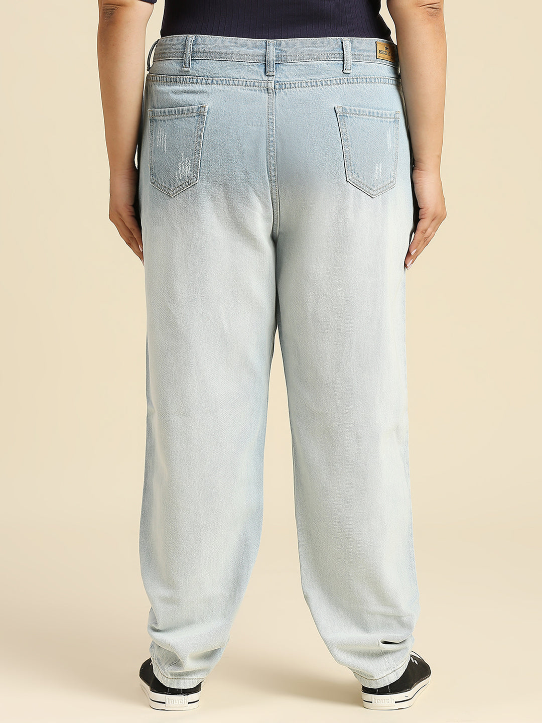 Women Plus Size Comfort Mom Fit Pure Cotton High-Rise Heavy Fade Jeans