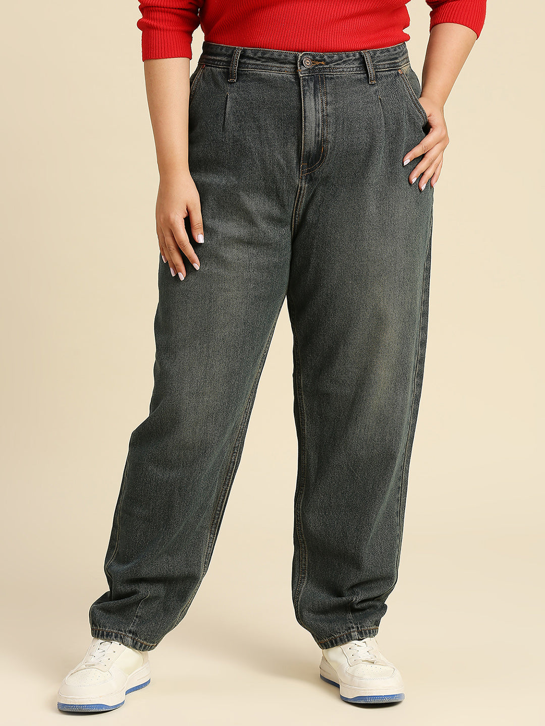 Women Plus Size Comfort Mom Fit Cotton High-Rise Jeans