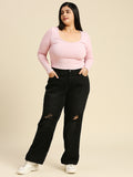 Women Plus Size Comfort Wide Leg High-Rise Low Distress Jeans