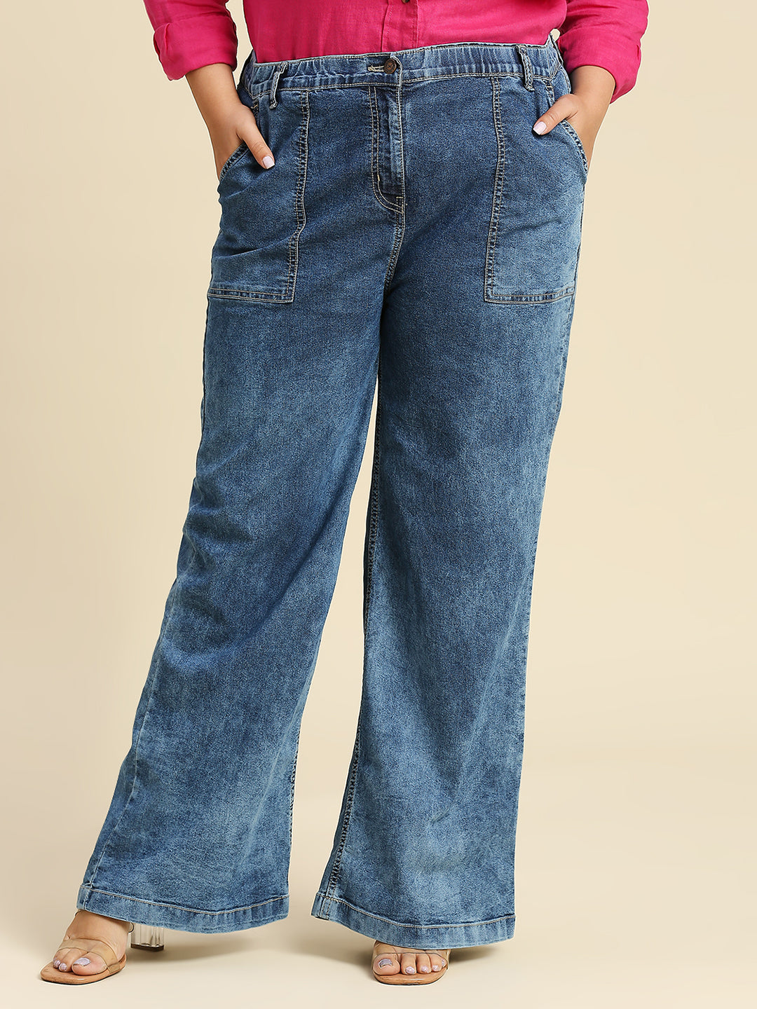 Women Plus Size Comfort Wide Leg High-Rise Heavy Fade Stretchable Jeans