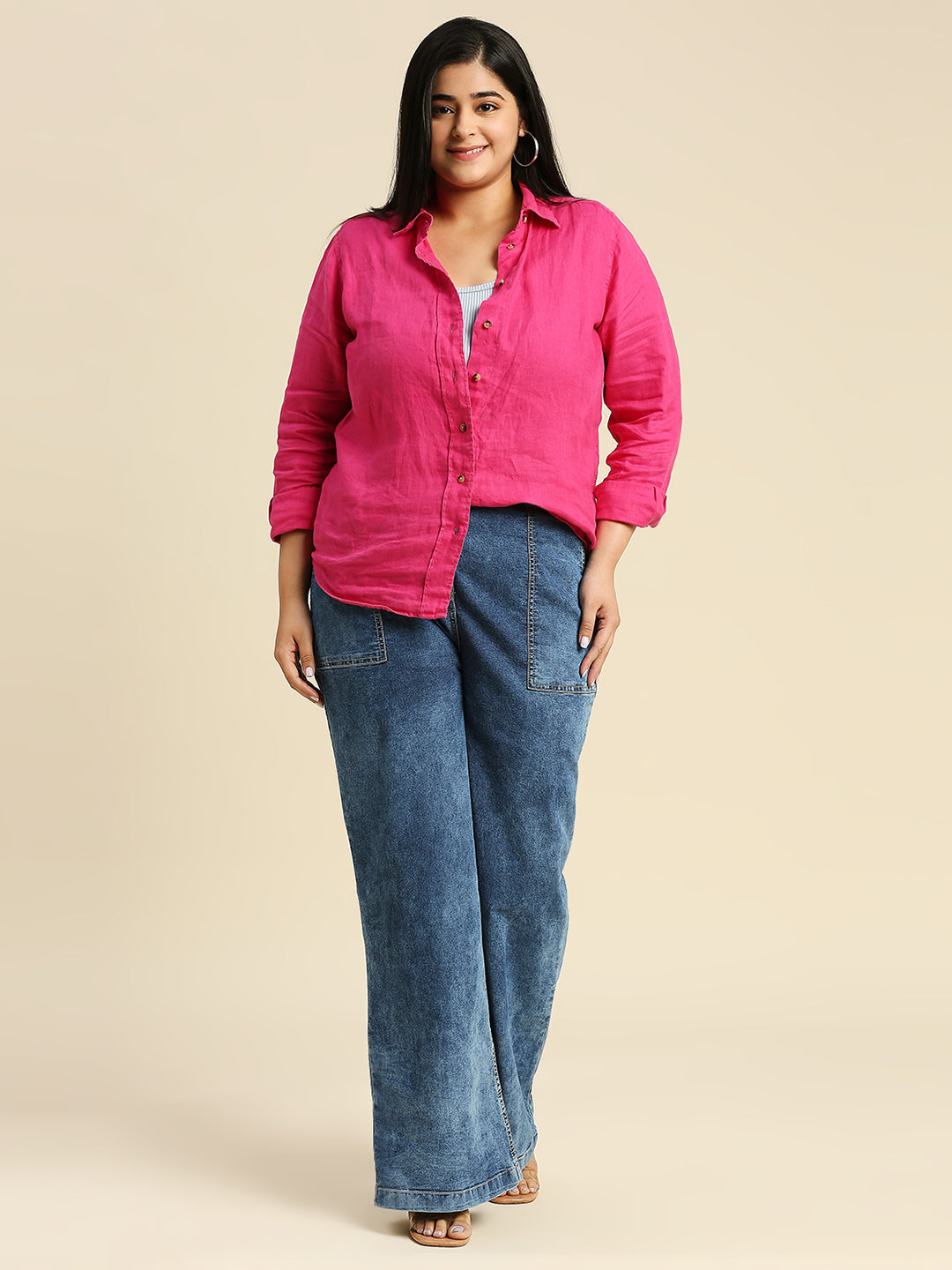 Women Plus Size Comfort Wide Leg High-Rise Heavy Fade Stretchable Jeans