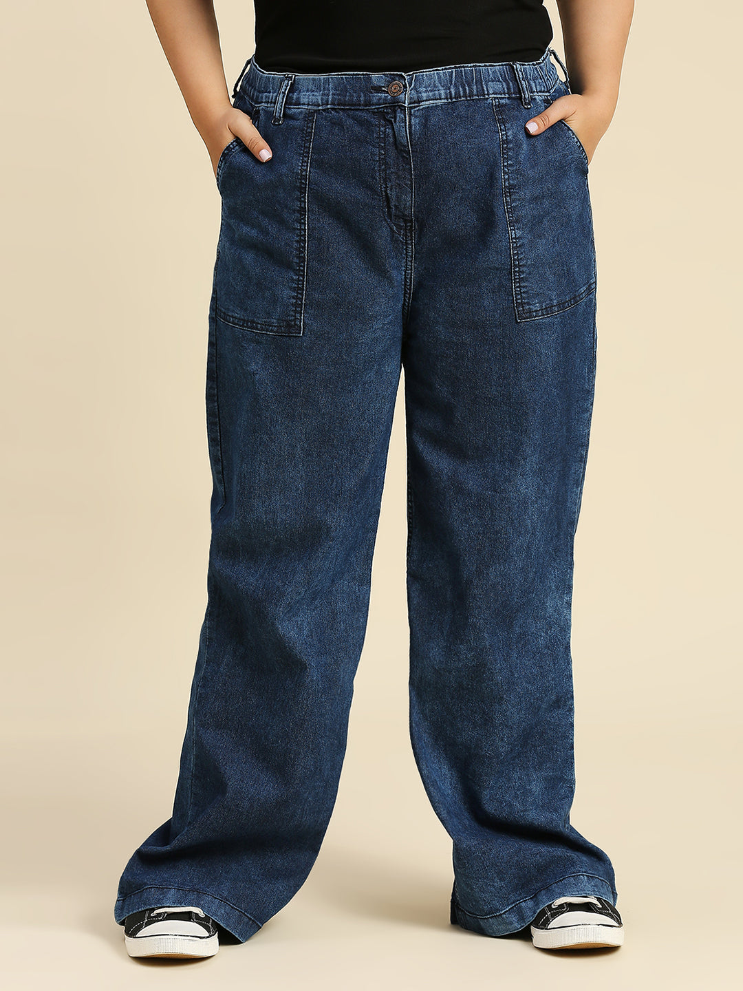 Women Plus Size Comfort Wide Leg High-Rise Light Fade Stretchable Jeans