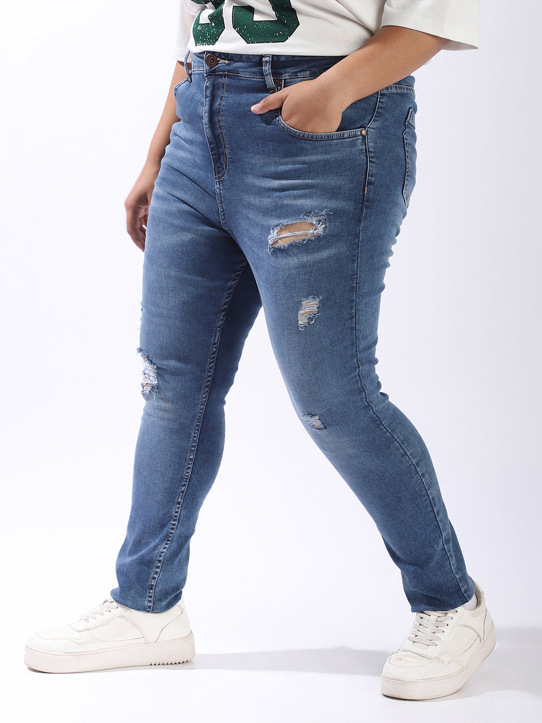 High Star Women Comfort Skinny Fit High-Rise Light Disressed Streachable Fade Jeans