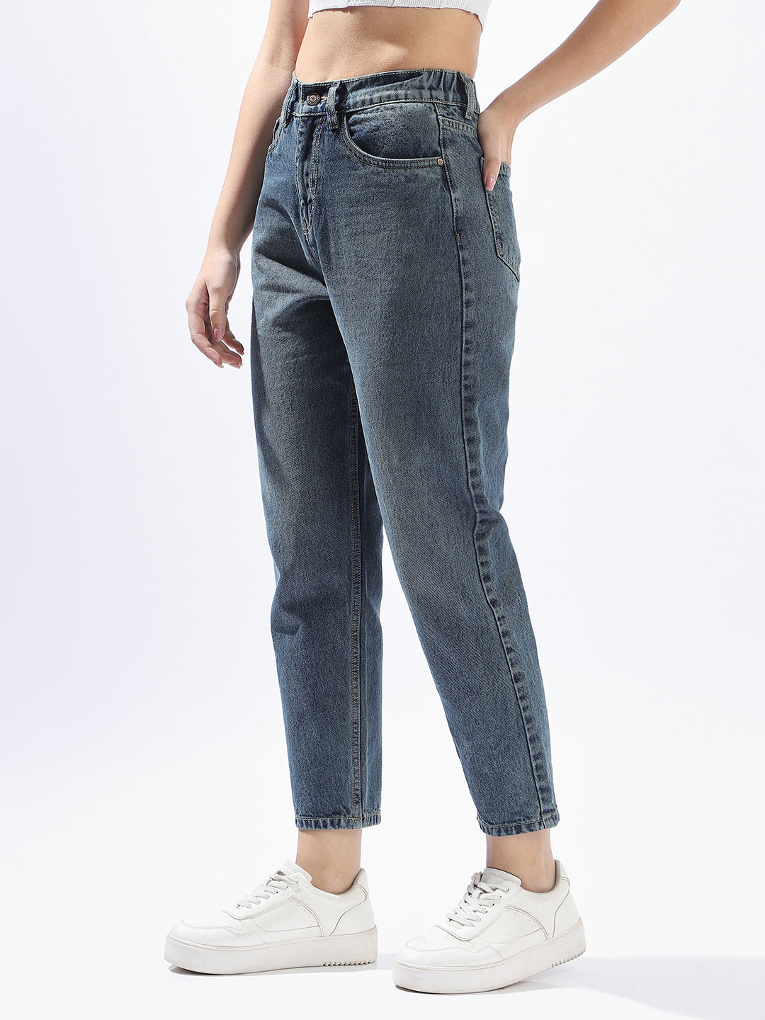 High Star Women Washed Mom Fit Regular High-Rise Straight Jeans
