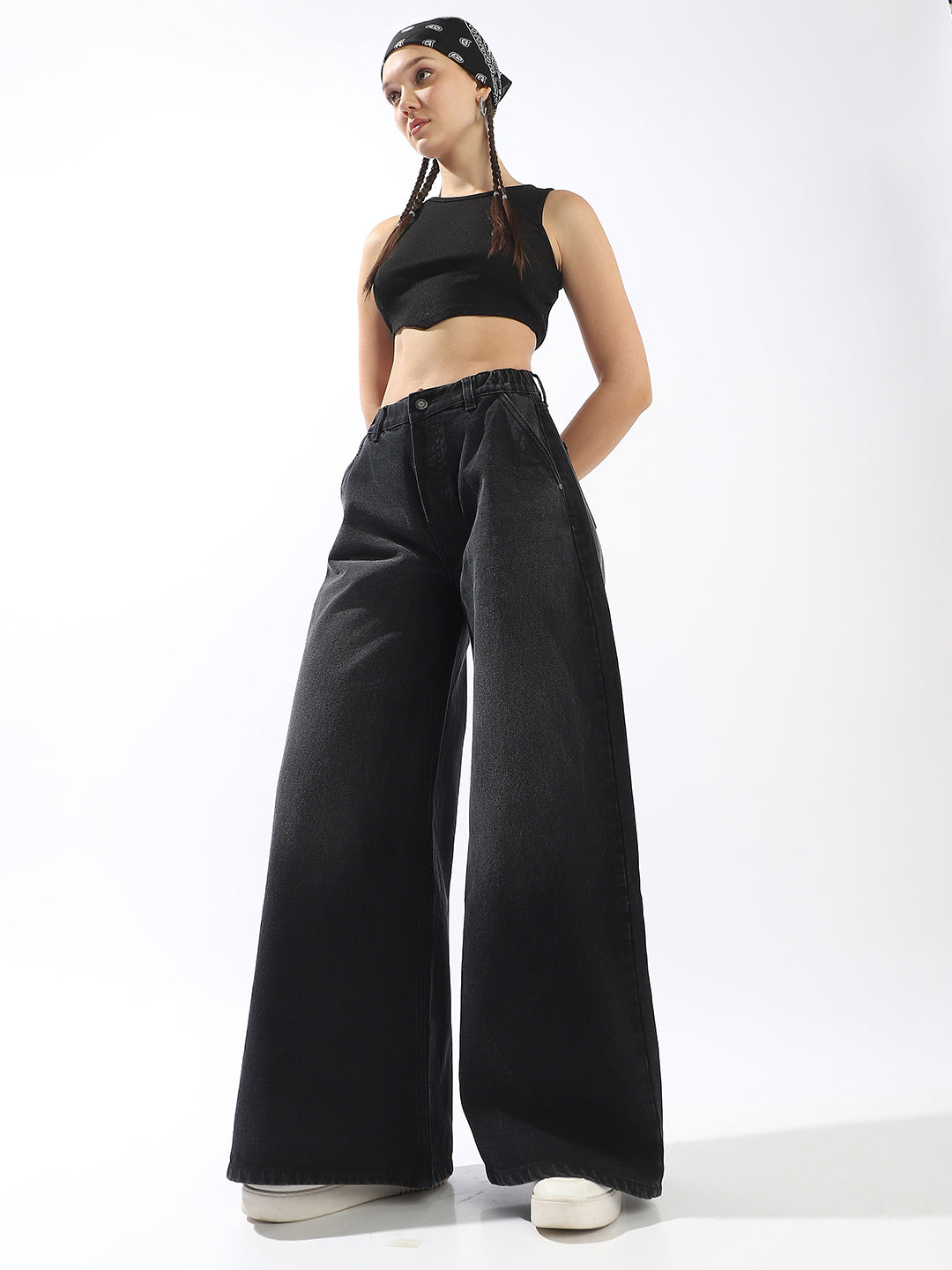 High Star Women Pure Cotton Comfort Wide Leg High-Rise Jeans